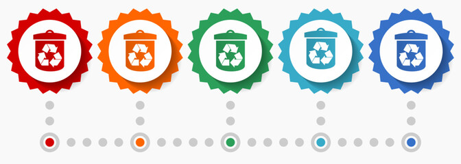 Recycle vector icon set, colorful infographic template, set of flat design badge icons in 5 color options