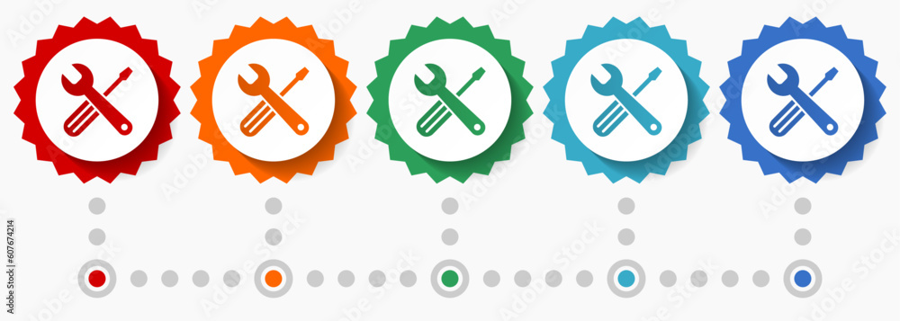 Poster tools vector icon set, colorful infographic template, set of flat design badge icons in 5 color opti