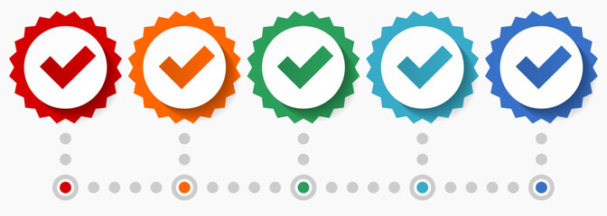 Accept vector icon set, colorful infographic template, set of flat design badge icons in 5 color options