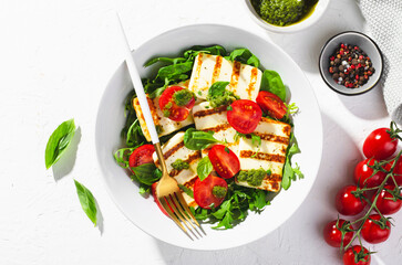 Grilled Halloumi Cheese with Cheery Tomatoes and Pesto with Arugula, Spinach, and Basil, Ketogenic Paleo Diet Lunch