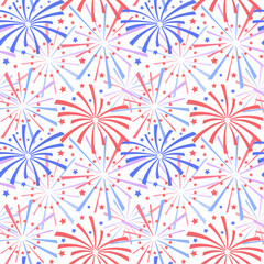 Fototapeta na wymiar Festive fireworks, salute burst, colorful seamless vector background, decorative backdrop, textile print, wallpaper.