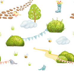 Seamless fairy pattern children's spring theme. Beautiful cartoon birds, naughty bees on the lawn in summer. Clouds, paths and birthday garlands. Fresh ornament for textiles, packaging and clothing