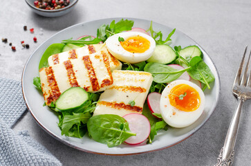 Healthy Ketogenic Paleo Meal, Grilled Halloumi with Lettuce, Radish, Cucumber, and Boiled Egg, Detox, Diet Lunch