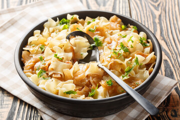 Krautfleckerl made of white cabbage, Fleckerl noodles, caramelized onion closeup on the bowl on the table. Horizontal