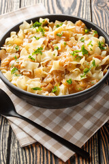 Krautfleckerl are a traditional Austrian food made out of noodles fleckerl pasta and caramelized cabbage closeup on the bowl on the table. Vertical