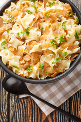 Caramelized Austrian Krautfleckerl Cabbage and Pasta with onion closeup on the bowl on the table. Vertical top view from above