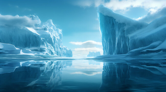 an iceberg floating in the ocean, arctic landscape and blue sky, fictional landscape created with generative ai