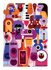 A group of friends are having fun and drinking cocktails. Musicians play music at a cocktail party. Vector illustration, creative mix of people, cocktails, bottles and musical instruments.