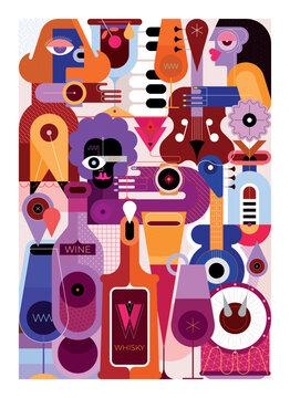 A group of friends are having fun and drinking cocktails. Musicians play music at a cocktail party. Vector illustration, creative mix of people, cocktails, bottles and musical instruments.