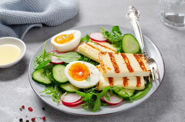 Healthy Ketogenic Paleo Meal, Grilled Halloumi with Lettuce, Radish, Cucumber, and Boiled Egg, Detox, Diet Lunch