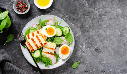 Healthy Ketogenic Paleo Meal, Grilled Halloumi with Lettuce, Radish, Cucumber, and Boiled Egg, Detox, Diet Lunch