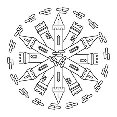 Towers , ancient fortress. Mandala. Coloring book page for children. Children's art game. Vector illustration.
