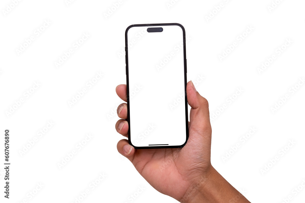 Poster hand holding the black smartphone iphone with blank screen and modern frameless design in two rotate