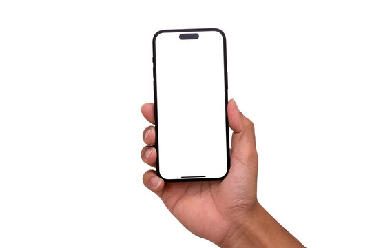 Hand holding the black smartphone iphone with blank screen and modern frameless design in two rotated perspective positions - isolated on white background - Clipping Path	