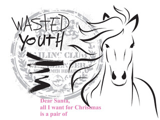 print pattern consisting of text and horse figure
