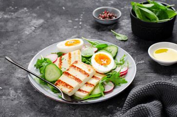 Healthy Ketogenic Paleo Meal, Grilled Halloumi with Lettuce, Radish, Cucumber, and Boiled Egg, Detox, Diet Lunch