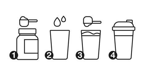Instruction how to make whey protein isolate shake. sports protein drink icon vector for package suggested use