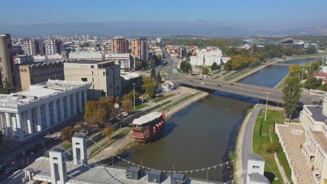 Skopje aerial view, Republic of North Macedonia. Vardar river, bridges