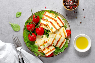 Grilled Halloumi Cheese with Cherry Tomatoes, Tasty Appetizer, Salad, Ketogenic, Paleo Lunch