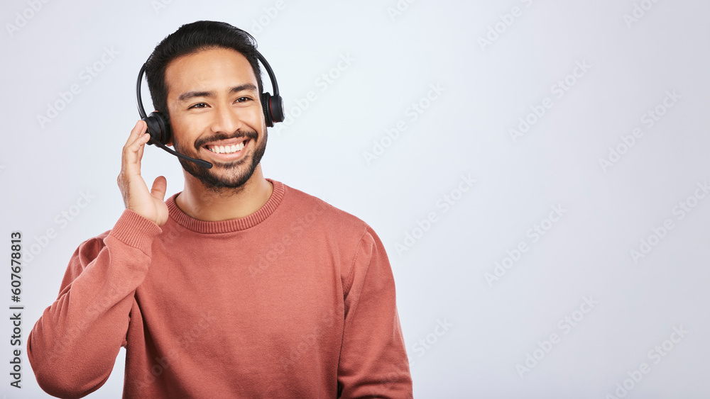 Poster man with headset, call center and contact us with smile, mockup space and communication on studio ba
