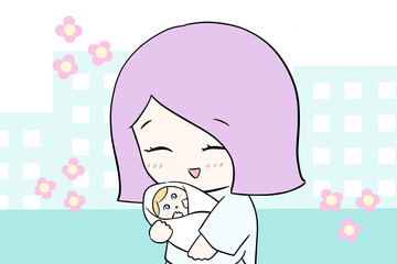 赤ちゃんを抱っこするお母さん　育児　病院　産婦人科　院外　外　シングルマザー　イラスト　手描き
