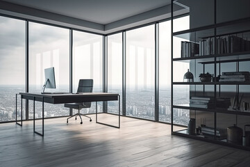 Modern office interior with panoramic window and city view