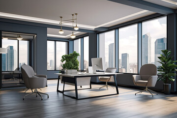 Fototapeta premium Modern office interior with panoramic window and city view