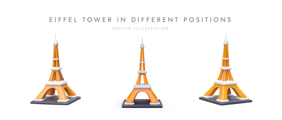 Set of cartoon realistic 3d Eiffel Tower in different positions. Web poster with place for text. Discover France, Paris concept. Colorful vector illustration with orange color and gray background