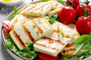 Grilled Halloumi Cheese with Cherry Tomatoes, Tasty Appetizer, Salad, Ketogenic, Paleo Lunch
