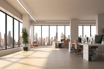 Fototapeta premium Modern office interior with panoramic window and city view