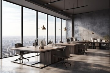 Fototapeta premium Modern office interior with panoramic window and city view