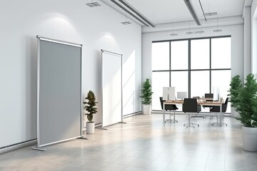 Modern office interior with empty banner and city view. Mock up