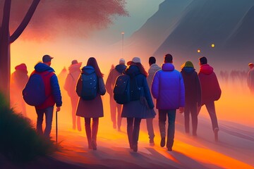 Golden Hour Crowd in Minimalistic Style with Harsh Lighting Generative AI