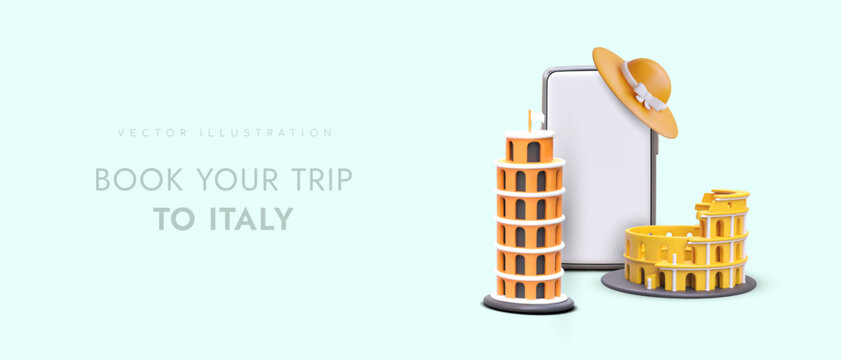 Application for booking tours to Italy. Choosing optimal route. Paying for travel online. Acquaintance with available excursions. 3D elements on vector advertising template