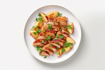 Fototapeta na wymiar Baked pork tenderloin and quince or apple slices with parsley served on white plate. White table background, top view