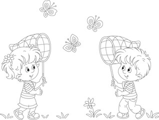 Happy little girl and boy with catching butterflies in a park on a sunny summer day, black and white outline vector cartoon illustration for a coloring book