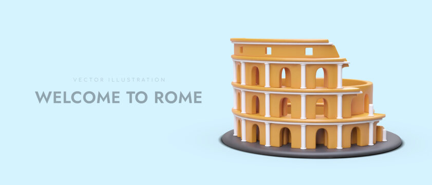 Realistic 3d poster with cartoon Coliseum and place for text. Web page for travel company. Discover Rome concept. Colorful vector illustration in orange color with blue background