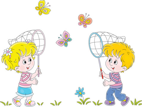 Happy little girl and boy with catching colorful butterflies in a park on a sunny summer day, vector cartoon illustration isolated on white
