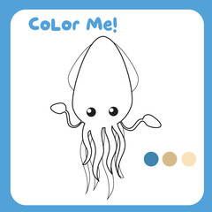 Coloring the squid, the sea animal. Coloring sea animals worksheet. Coloring activity for preschool and kindergarten children. Printable educational printable coloring worksheet. Vector file.