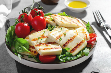 Grilled Halloumi Cheese with Cherry Tomatoes, Tasty Appetizer, Salad, Ketogenic, Paleo Lunch