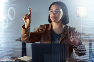 Woman, night and touch hologram with data, chart or information on dashboard, overlay or focus in office. Holographic ux, point and it expert by laptop, analytics or cloud computing in dark workplace