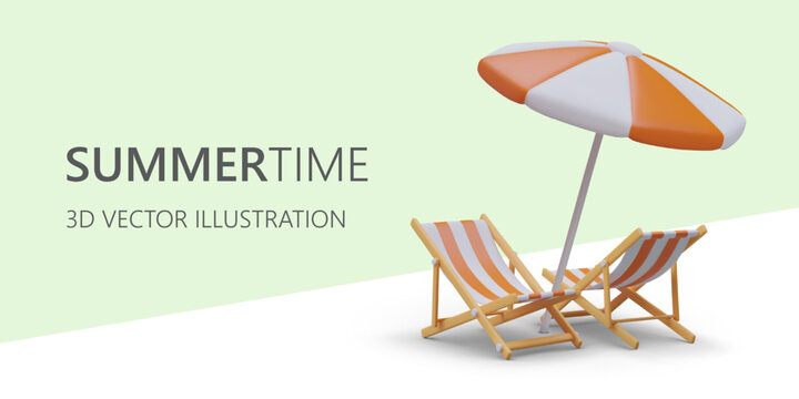 Web poster with 3d realistic cartoon sunbed and sunshade on green background. Promo action for online store, travel and vacations concept at summer season. Vector illustration
