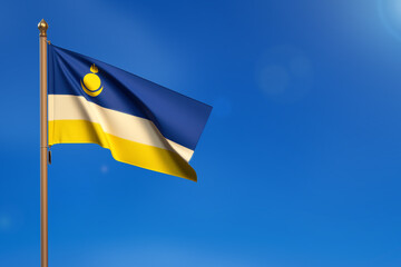 Buryatia. Flag blown by the wind with blue sky in the background.