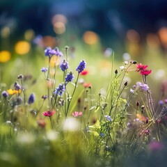 Colorful spring summer landscape with wild flowers in meadow in nature glow in sun. Selective focus, shallow depth of field.
