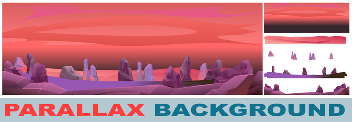 Another planet landscape. Red sky and crystal rocks. Martian relief. Picture layers parallax effect. Vector image isolated background.