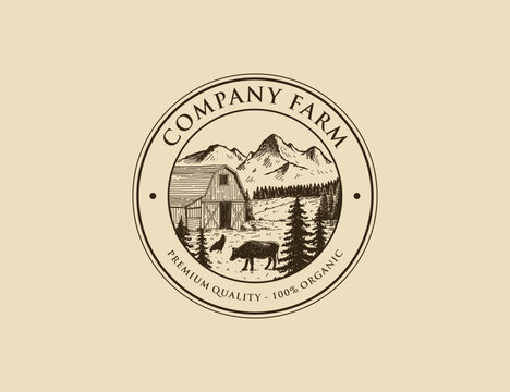Vintage farm barn logo design with hand drawn retro and tree in background