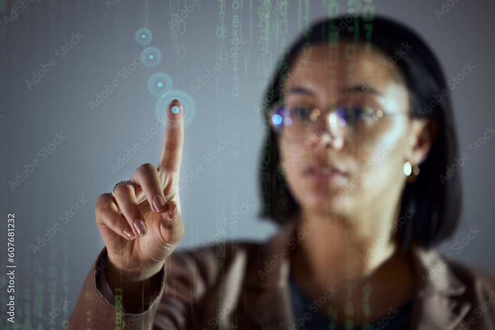 Poster woman, night and office with touch hologram display for big data, chart or information technology on