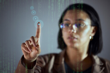 Woman, night and office with touch hologram display for big data, chart or information technology on dashboard. Holographic ux, point and it expert with analytics, cloud computing and dark workplace