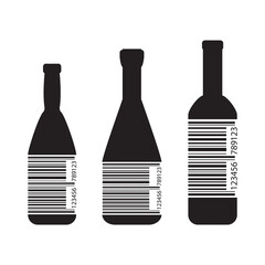 Set of wine bottles with bar code. White stripes inside wine bottles. Barcode for scan, alcohol retail concept. Promotion campaign, marketing. monochromatic
