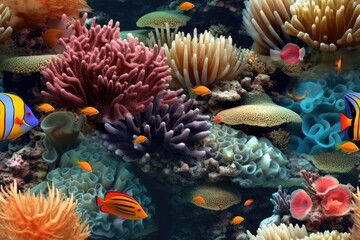 Tropical Aquarium with Fish, Coral. Anemones Seamless Texture Pattern Tiled Repeatable Tessellation Background Image